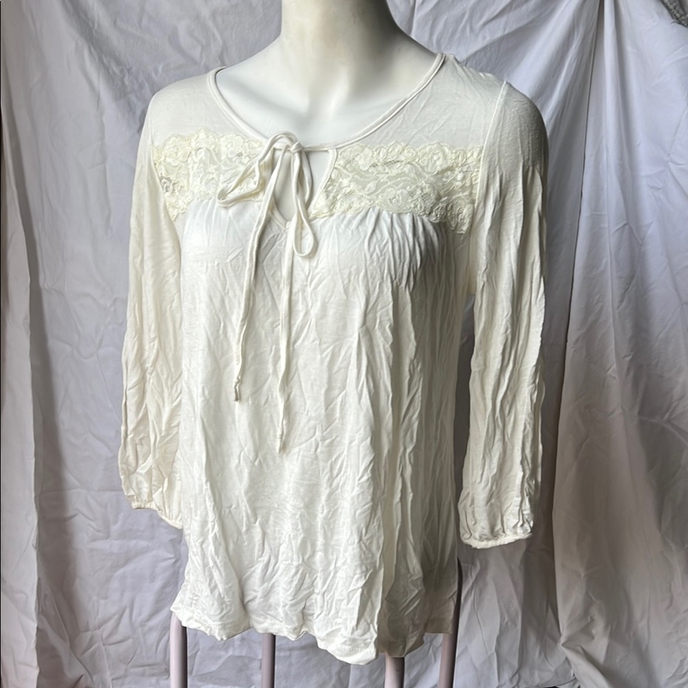 Cream 3/4 Sleeve Blouse with Tie Front and Bib Collar